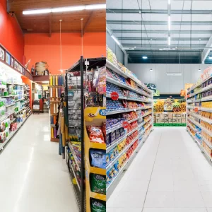 A promotional banner for the Advanced Diploma Course in Convenience Store Setup and Management in Australia offered by Global Benchmark College of Skills, showcasing a convenience store aisle filled with products.