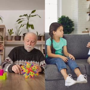 A professional therapist guiding a client through Cognitive Behavioural Therapy (CBT) techniques, with a notebook and thought diagrams visible.
