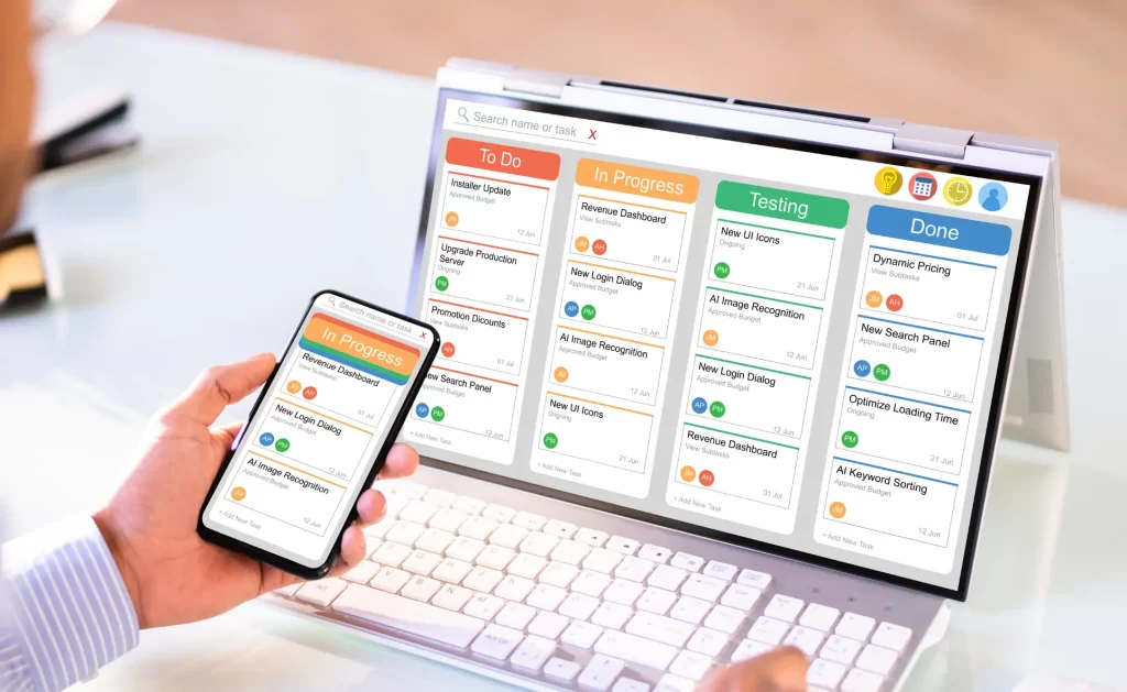 Diploma in IT Project Management - An illustration featuring a project management dashboard with tasks in progress and testing phases.