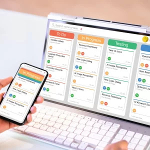 Diploma in IT Project Management - An illustration featuring a project management dashboard with tasks in progress and testing phases.