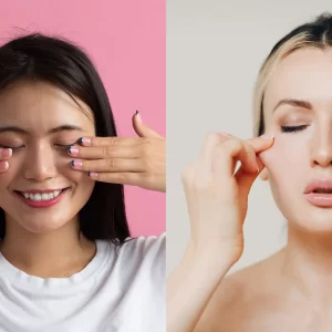 A serene woman practicing facial yoga, gently lifting her facial muscles, representing the natural and rejuvenating benefits of the Diploma in Facial Yoga offered by Global Benchmark College of Skills.