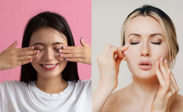 A serene woman practicing facial yoga, gently lifting her facial muscles, representing the natural and rejuvenating benefits of the Diploma in Facial Yoga offered by Global Benchmark College of Skills.