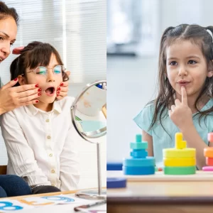 A smiling speech therapist working with a young child using a colorful speech therapy toy. Promotional banner for the "Speech Therapy Diploma Course" by Global Benchmark College of Skills.