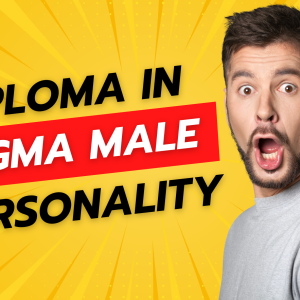 Surprised confident man with beard looking forward next to bold title “Diploma in Sigma Male Personality” on bright yellow background.