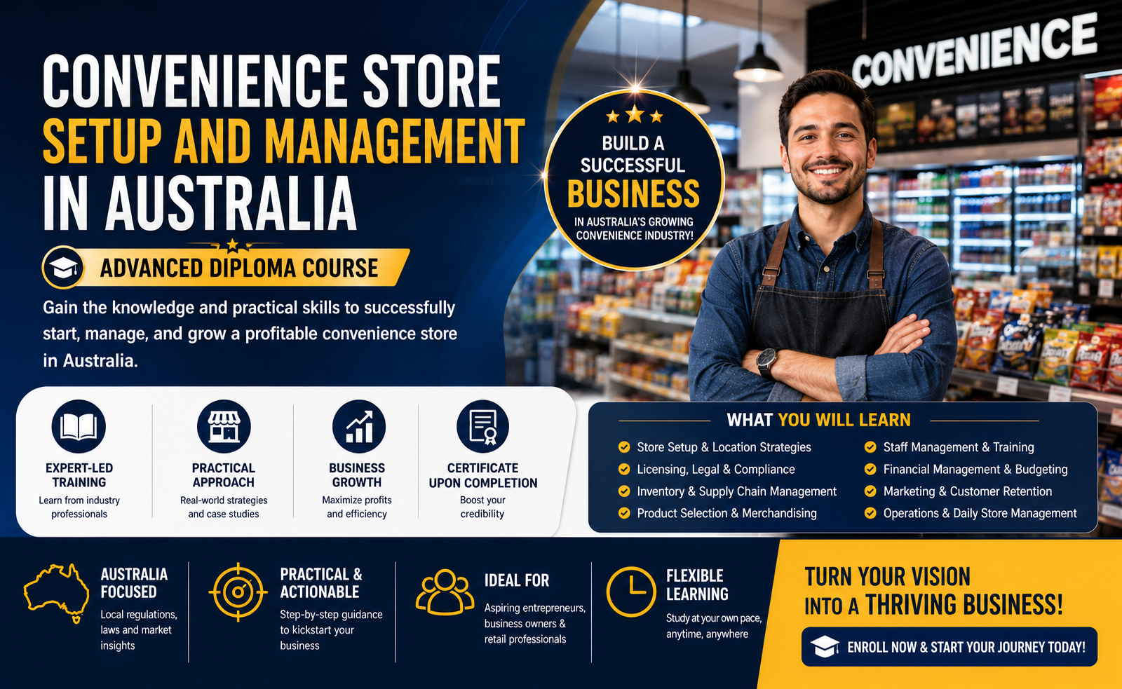 Commercial banner for a Convenience Store Setup and Management in Australia Advanced Diploma Course featuring a convenience store owner standing in a modern retail store, highlighting business growth, store operations, inventory management, compliance, and online certification training.