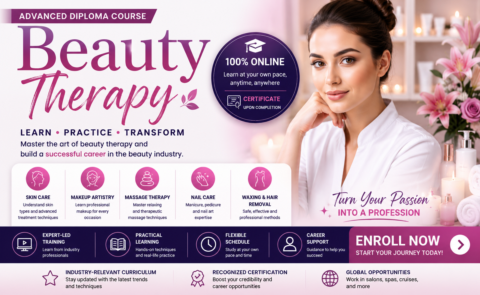 Promotional banner for an online Beauty Therapy Advanced Diploma Course featuring a beauty therapist in a professional spa setting, highlighting skincare, makeup artistry, massage therapy, nail care, waxing, flexible online learning, and certification upon completion.