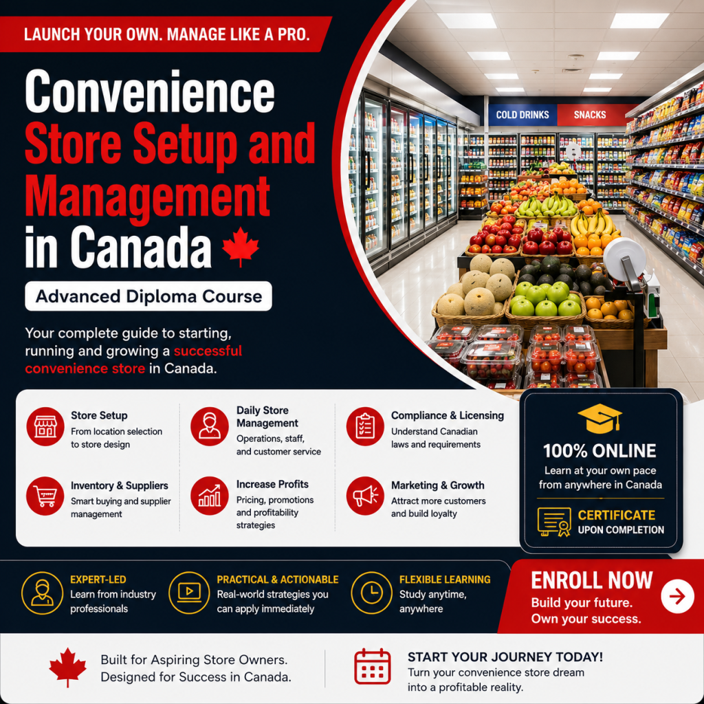 Convenience Store Setup and Management in Canada online diploma course banner featuring convenience store interior, retail operations training, inventory management, compliance, marketing, and certificate-based learning.
