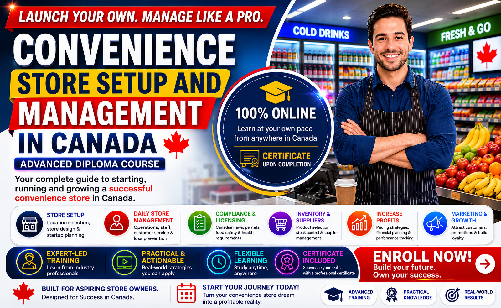 Promotional banner for a Convenience Store Setup and Management in Canada online diploma course featuring a convenience store owner, retail store interior, certificate program, inventory management, compliance training, and business growth education.