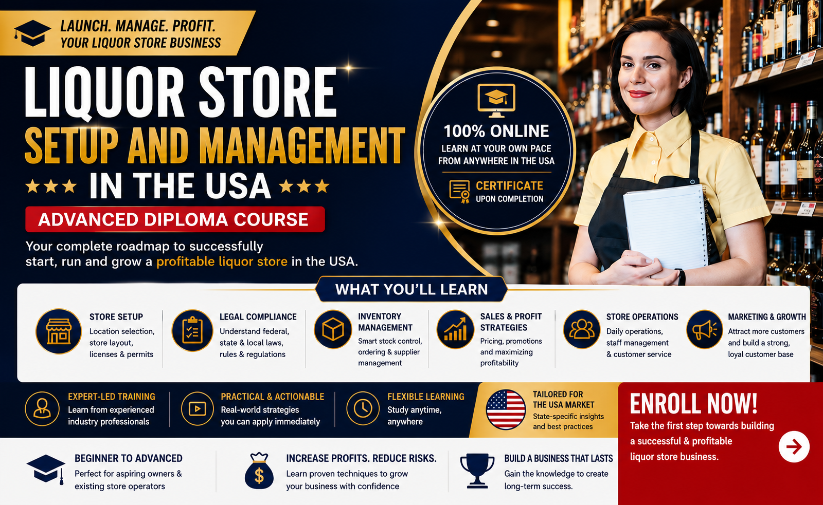 Promotional banner for an online Liquor Store Setup and Management in the USA Advanced Diploma Course featuring a liquor store professional standing inside a retail liquor store, highlighting store setup, legal compliance, inventory management, sales strategies, operations management, marketing, and business growth.