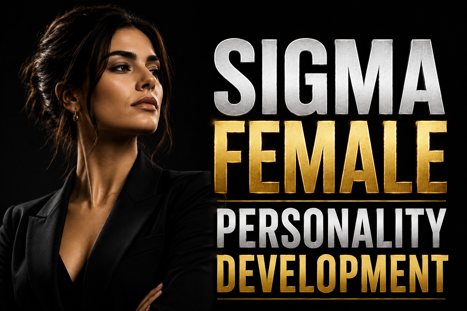 A promotional banner for an online Sigma Female Personality Development diploma course featuring a smiling woman, course highlights including confidence building, goal setting, mindset development, leadership skills, 60 lessons, 12 modules, case studies, assessments, and online certification.