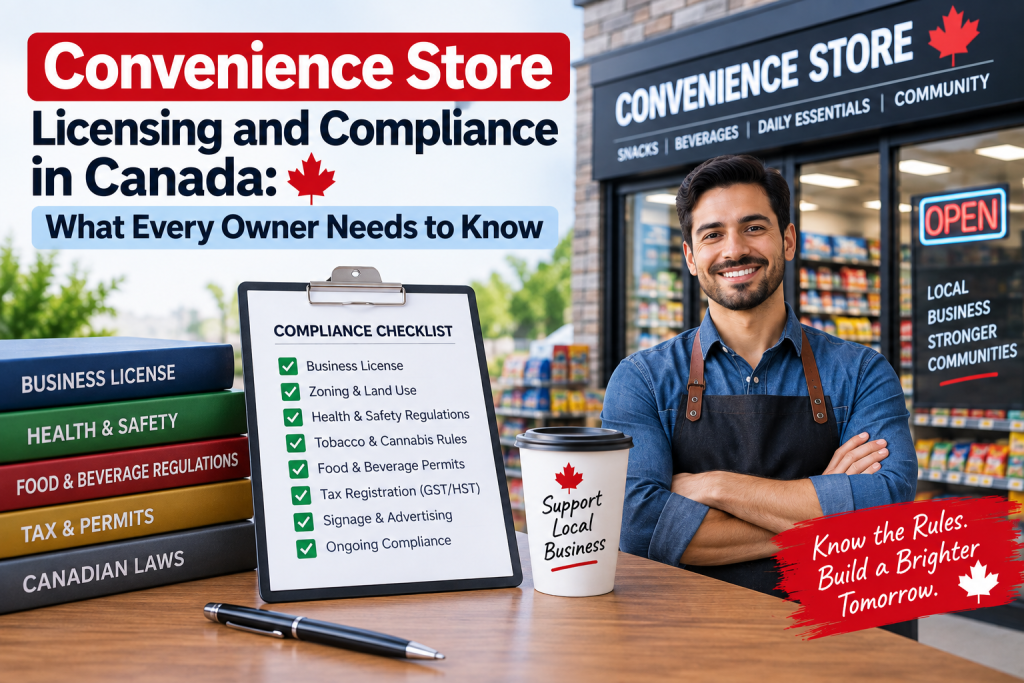 Convenience store licensing and compliance in Canada, including business licences, health and safety regulations, food permits, taxes, zoning, and legal requirements.